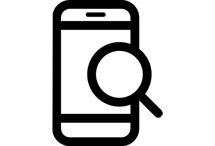Icono de un teléfono inteligente con una lupa